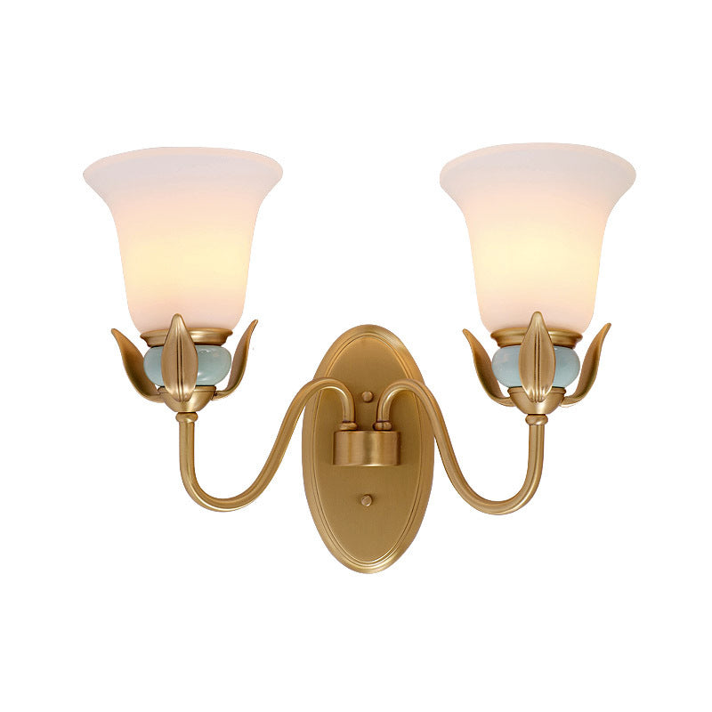 Skørter | 1/2-Head Wall Lighting Vintage Bedroom Wall Mounted Lamp Fixture with Bell White Opal Glass Shade in Gold