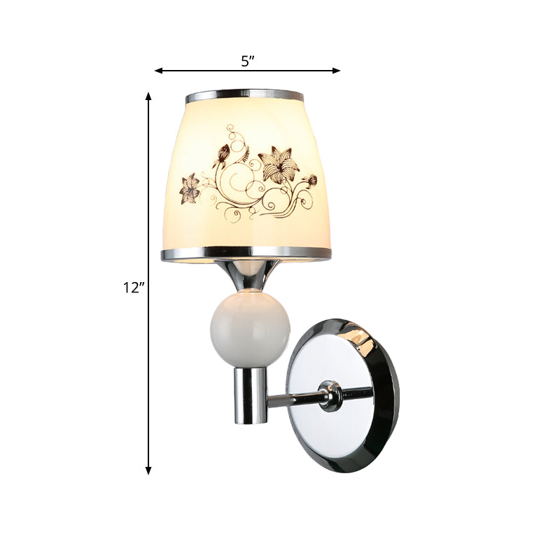 Skørter | Pastoral Tapered Wall Lamp Single Bulb White Patterned Glass Wall Light in Chrome