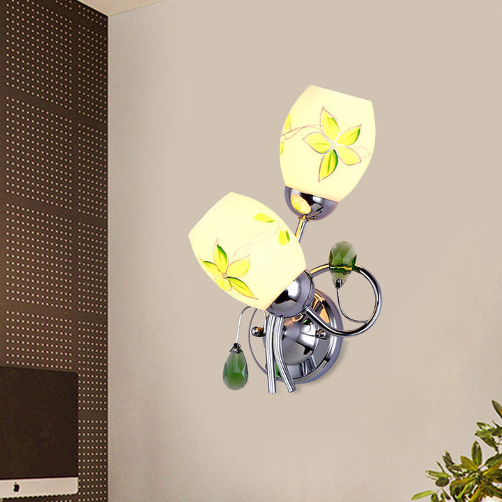 Skørter | Chrome Winding Wall Lighting Country Print Glass 2-Head Bedroom Wall Lamp
