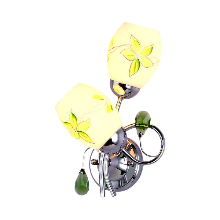 Skørter | Chrome Winding Wall Lighting Country Print Glass 2-Head Bedroom Wall Lamp