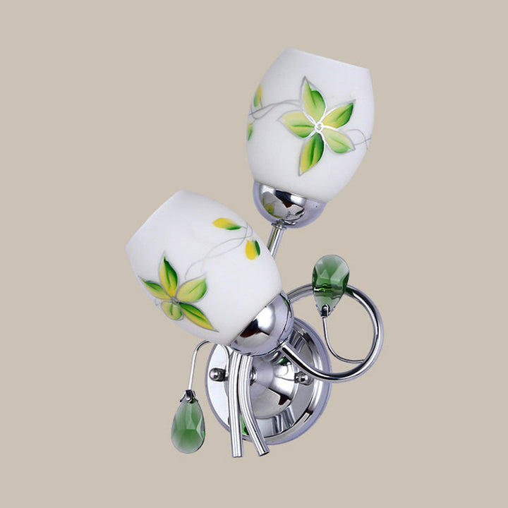 Skørter | Chrome Winding Wall Lighting Country Print Glass 2-Head Bedroom Wall Lamp