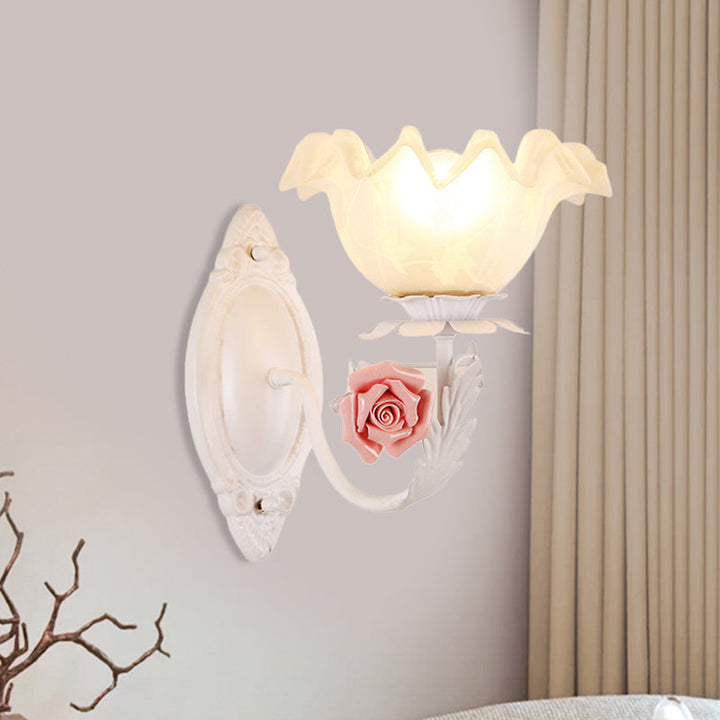 Skørter | Opal Glass Flower Wall Lamp American Garden 1 Bulb Living Room Wall Lamp in Light Brown/White