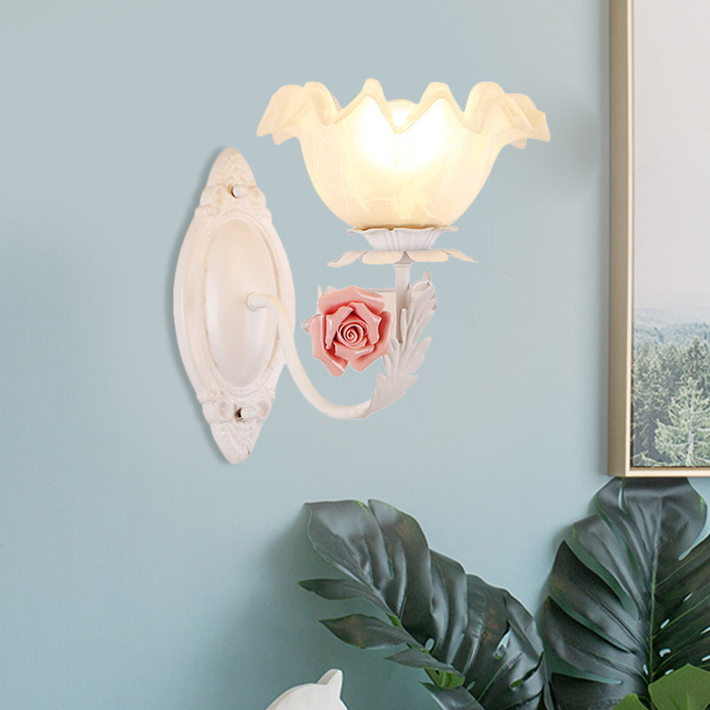Skørter | Opal Glass Flower Wall Lamp American Garden 1 Bulb Living Room Wall Lamp in Light Brown/White