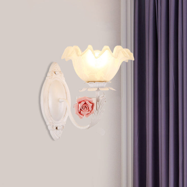 Skørter | Opal Glass Flower Wall Lamp American Garden 1 Bulb Living Room Wall Lamp in Light Brown/White
