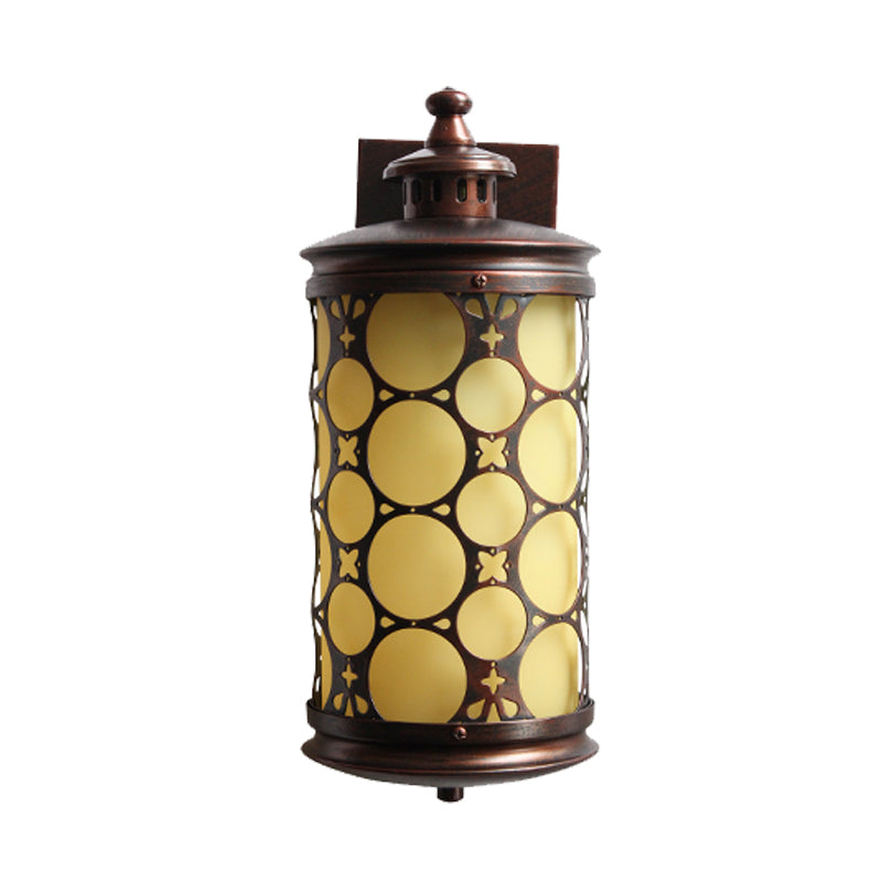 Skørter | Country Cylinder Wall Lamp Single Light Yellow Glass Wall Lamp in Bronze with Circle Design