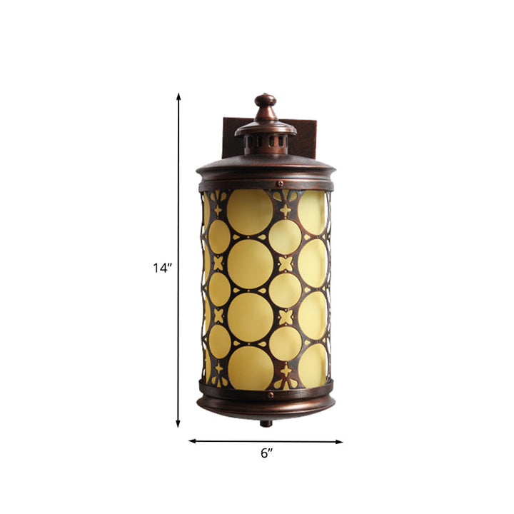 Skørter | Country Cylinder Wall Lamp Single Light Yellow Glass Wall Lamp in Bronze with Circle Design