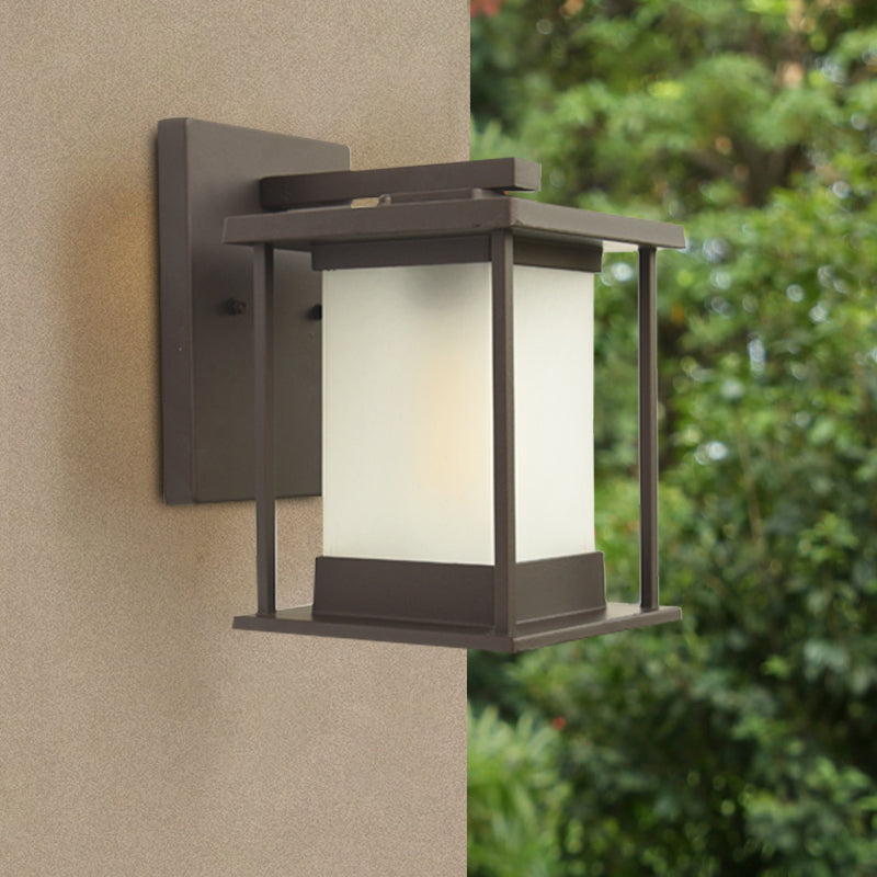 Skørter | White glass rectangular wall lamp rustic 1-light wall lighting for outdoor in coffee/black with metal frame