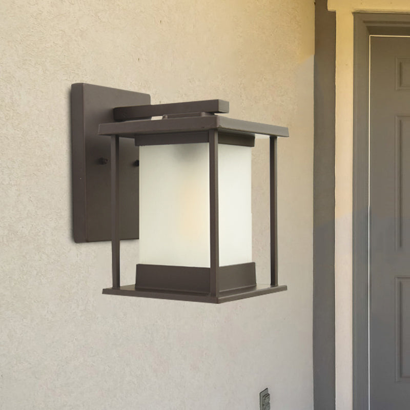 Skørter | White glass rectangular wall lamp rustic 1-light wall lighting for outdoor in coffee/black with metal frame