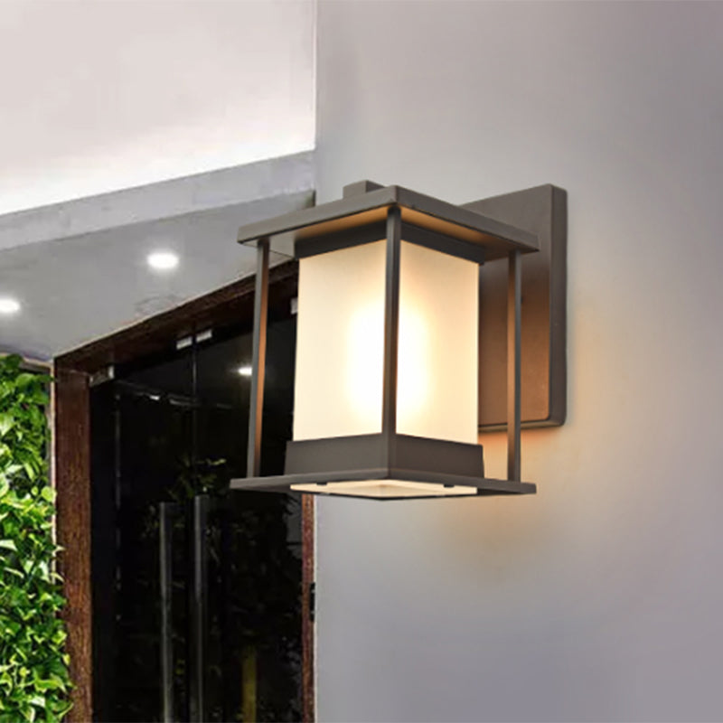 Skørter | White glass rectangular wall lamp rustic 1-light wall lighting for outdoor in coffee/black with metal frame