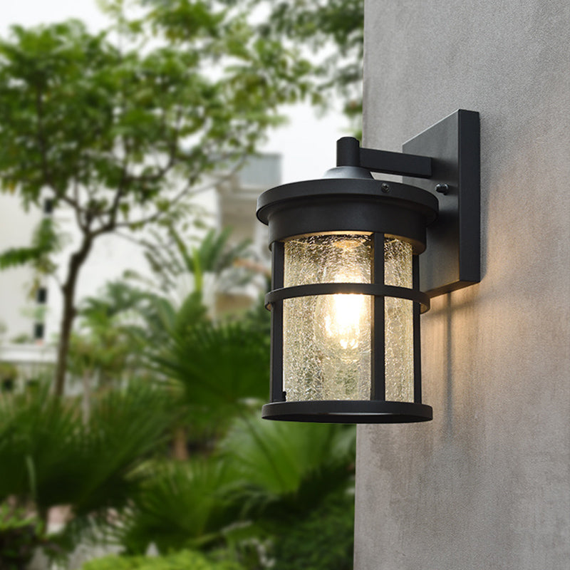 Skørter | Crackle Glass Black Wall Lamp Cylindrical 1 Lamp Country Wall Lighting with Metal Frame