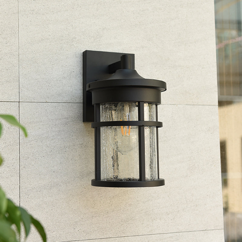 Skørter | Crackle Glass Black Wall Lamp Cylindrical 1 Lamp Country Wall Lighting with Metal Frame
