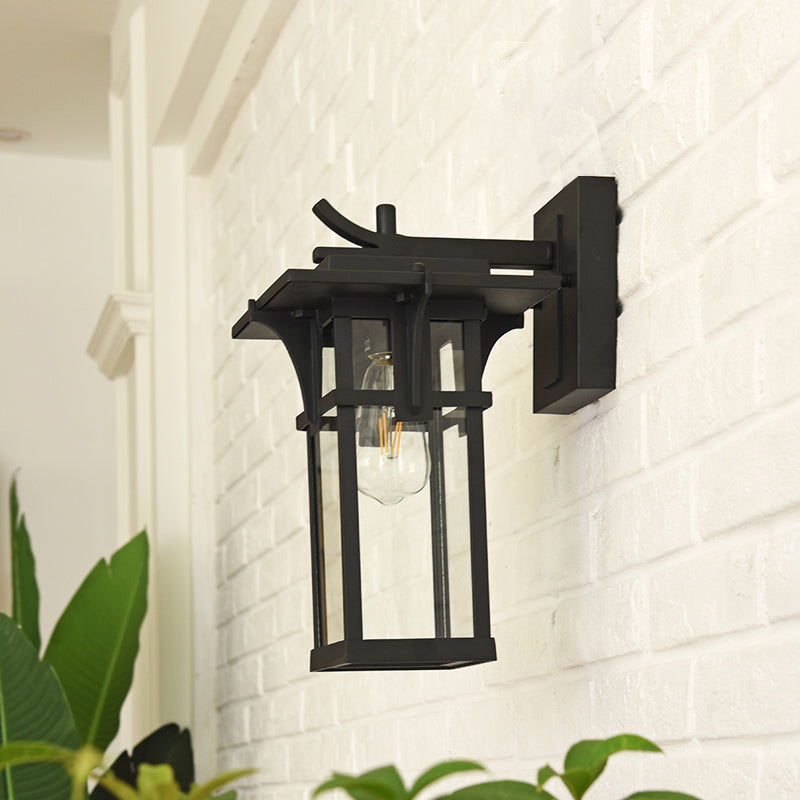 Skørter | Retro Lantern Wall Lighting Fixture 1 Light Clear Water Glass Wall Sconce Light in Bronze/Black for Outdoor
