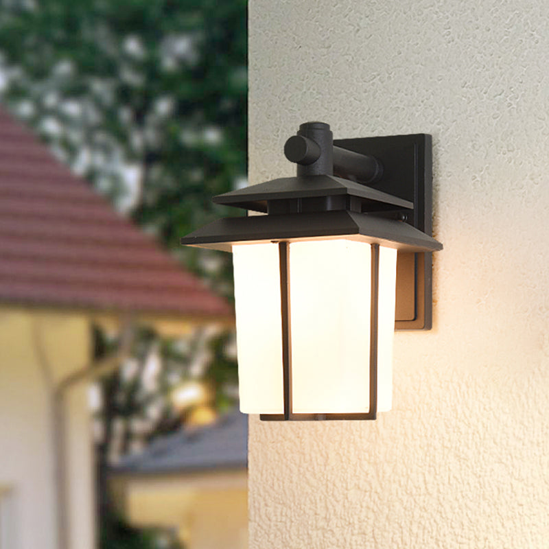 Skørter | White Glass Lantern Wall Light Lodge 1-Light Courtyard Wall Fixture in Bronze/Black
