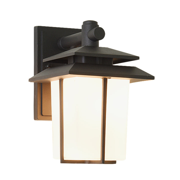 Skørter | White Glass Lantern Wall Light Lodge 1-Light Courtyard Wall Fixture in Bronze/Black