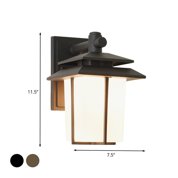 Skørter | White Glass Lantern Wall Light Lodge 1-Light Courtyard Wall Fixture in Bronze/Black
