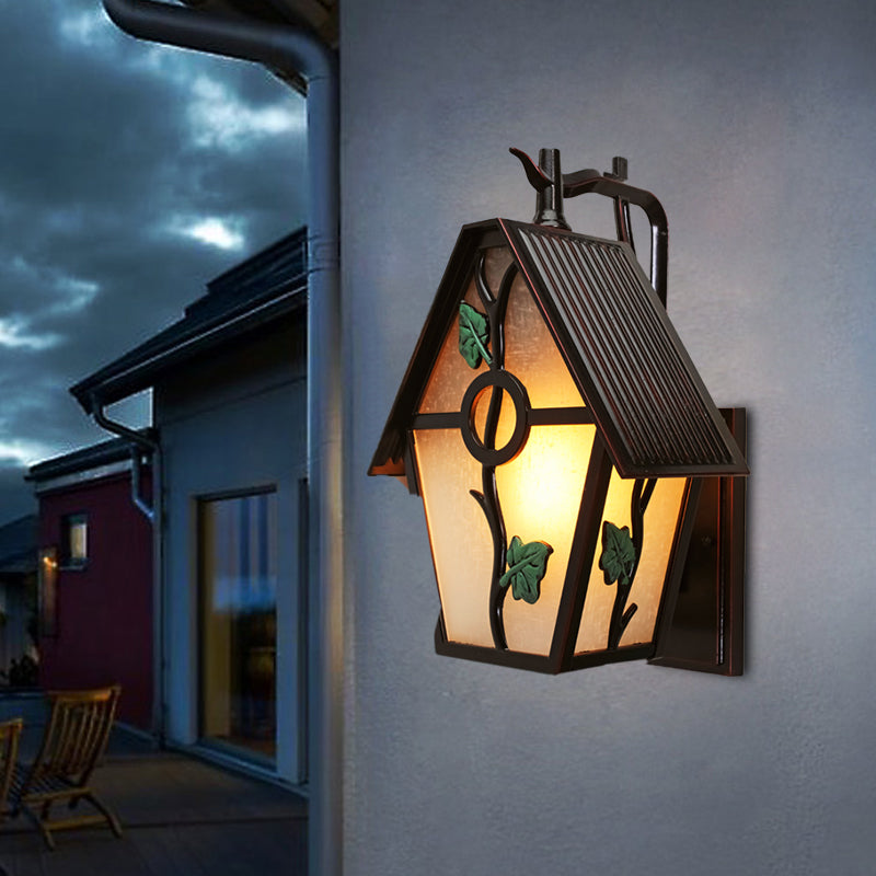 Skørter | House White Glass Wall Light Rustic 1-Light Outdoor Wall Light in Coffee with Leaf Design