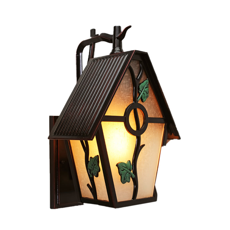 Skørter | House White Glass Wall Light Rustic 1-Light Outdoor Wall Light in Coffee with Leaf Design