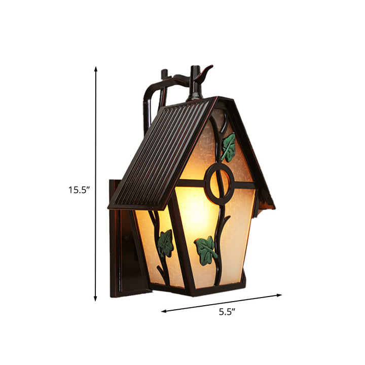 Skørter | House White Glass Wall Light Rustic 1-Light Outdoor Wall Light in Coffee with Leaf Design