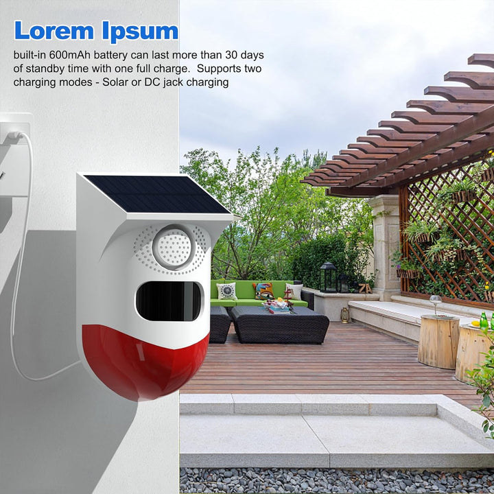 Lisslune | Solar Motion Sensor Alarm with 120dB Siren and LED Strobe – Feronix