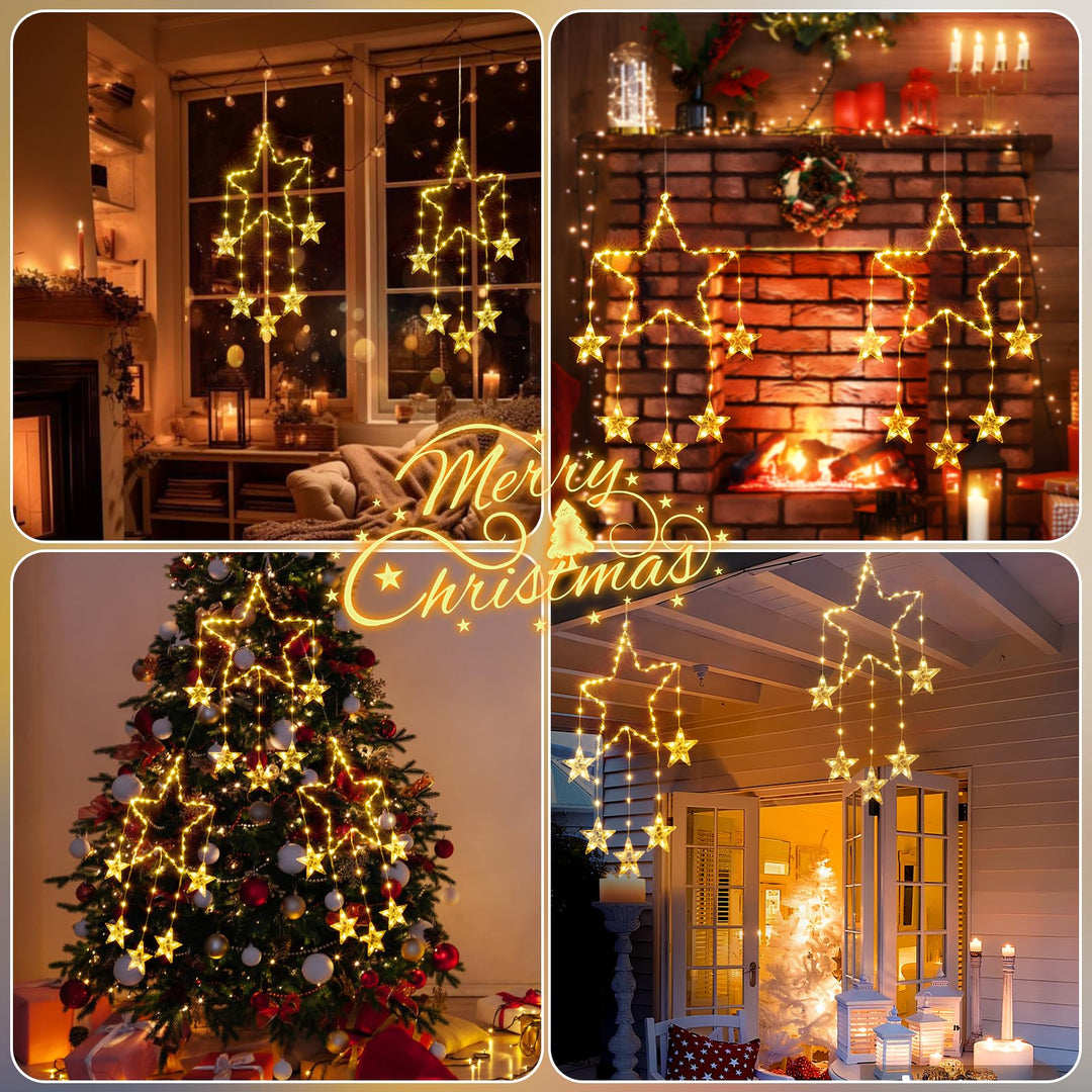 Lisslune | Quntis 2Pcs 95cm Large Christmas Window Lights, 84LED 12 Stars Battery Operated Christmas Silhouette Sparkle Star Lights with Timer Memory, 8 Modes Xmas Indoor Outdoor Hanging Decoration, Warm White