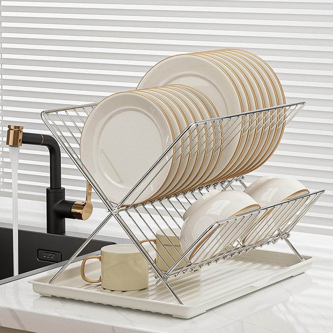Skorter | Folding Dish Drying Rack – 2-Tier Countertop Drainer with Detachable Tray – Kelvra