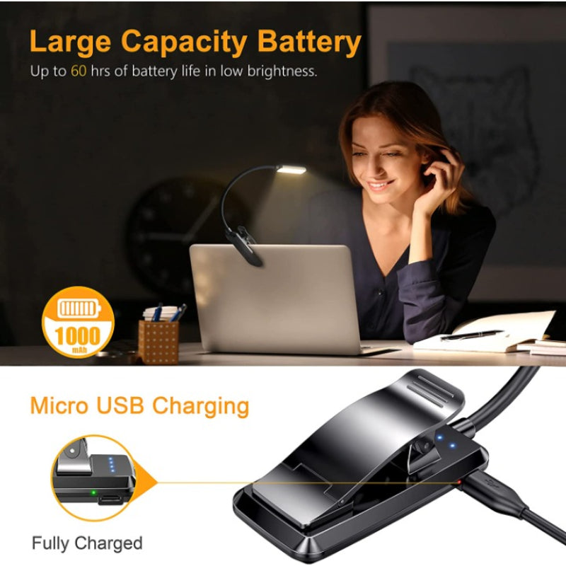Lisslune | Buy 9 LED USB rechargeable reading lamp for reading in bed - eye-friendly, stepless dimmable | Small lightweight clip-on reading lamp