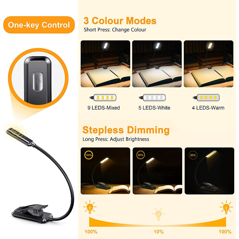 Lisslune | Buy 9 LED USB rechargeable reading lamp for reading in bed - eye-friendly, stepless dimmable | Small lightweight clip-on reading lamp
