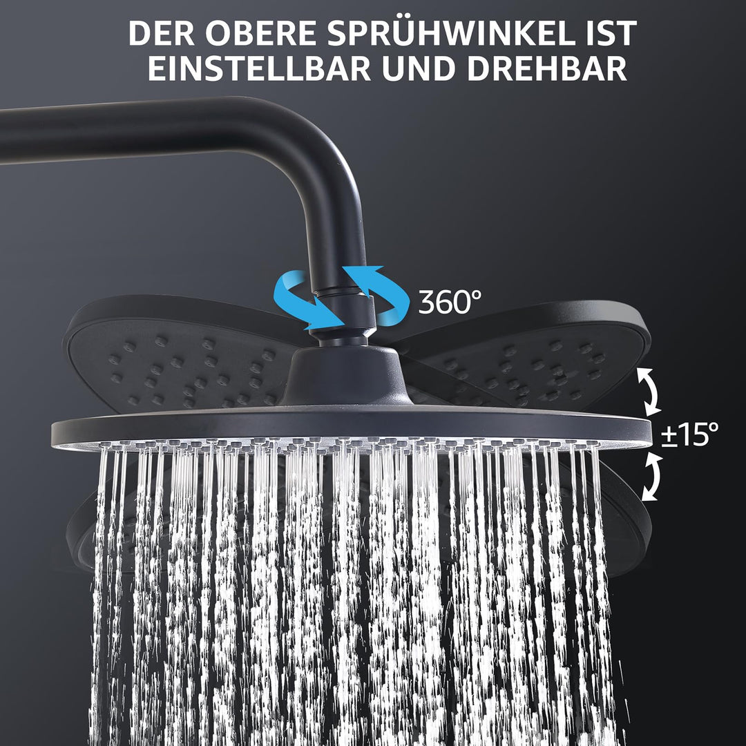 Lisslune | Rain shower shower system without fittings, Black hand shower with 3 functions, Stainless steel shower set with round head shower, Shower rod SUS304