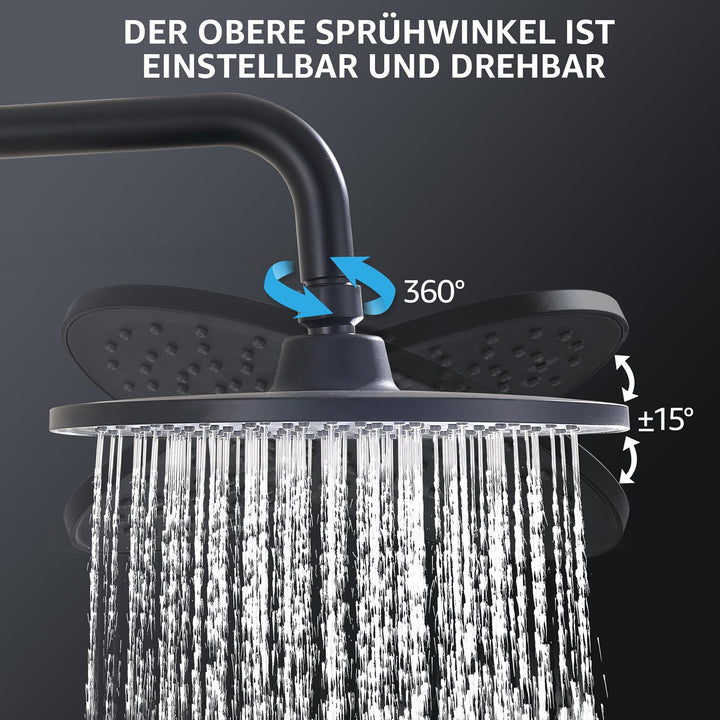Lisslune | Rain shower shower system without fittings, Black hand shower with 3 functions, Stainless steel shower set with round head shower, Shower rod SUS304