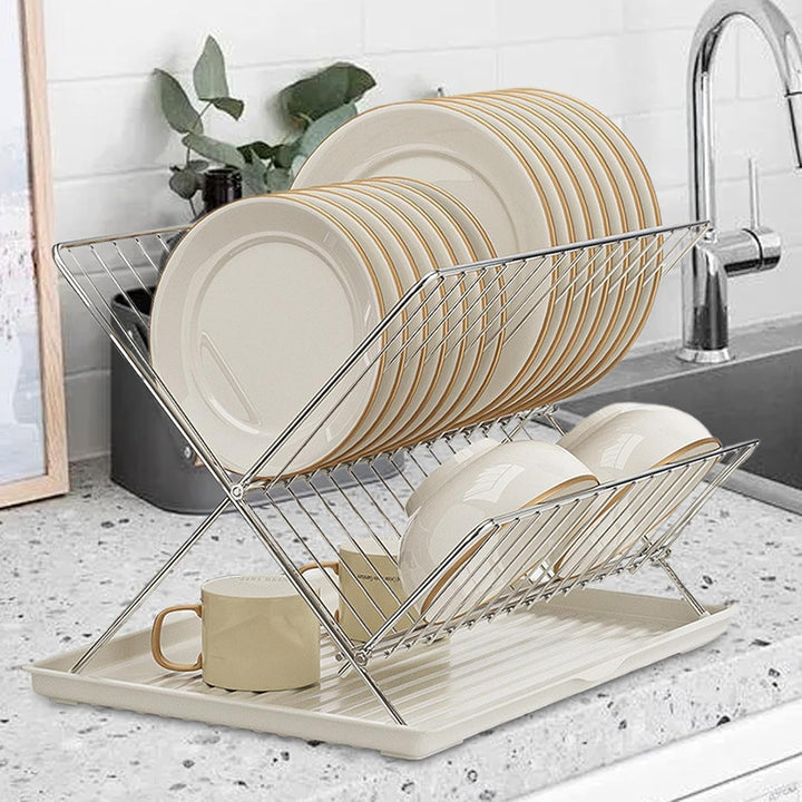 Skorter | Folding Dish Drying Rack – 2-Tier Countertop Drainer with Detachable Tray – Kelvra