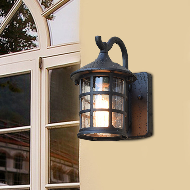 Skørter | sown glass lantern wall lamp rustic single light outdoor wall lamp in bronze/black
