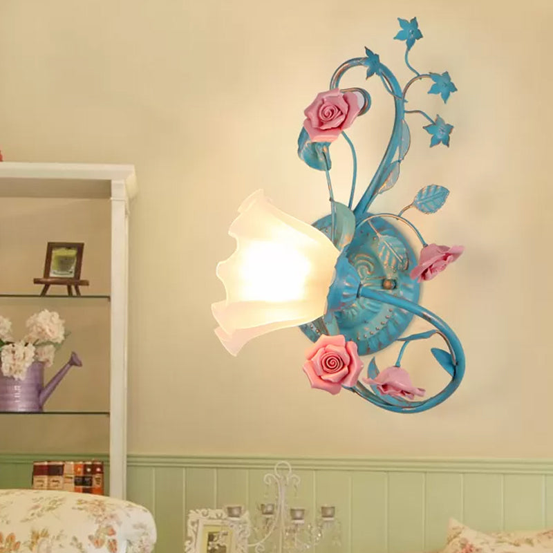 Skørter | One-Sided Opal Matte Glass Wall Lamp Pastoral Blue-Pink/Blue-White Scroll Flower Corner Wall Lamp, Left/Right