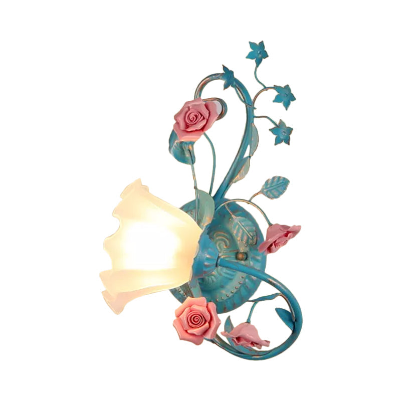 Skørter | One-Sided Opal Matte Glass Wall Lamp Pastoral Blue-Pink/Blue-White Scroll Flower Corner Wall Lamp, Left/Right