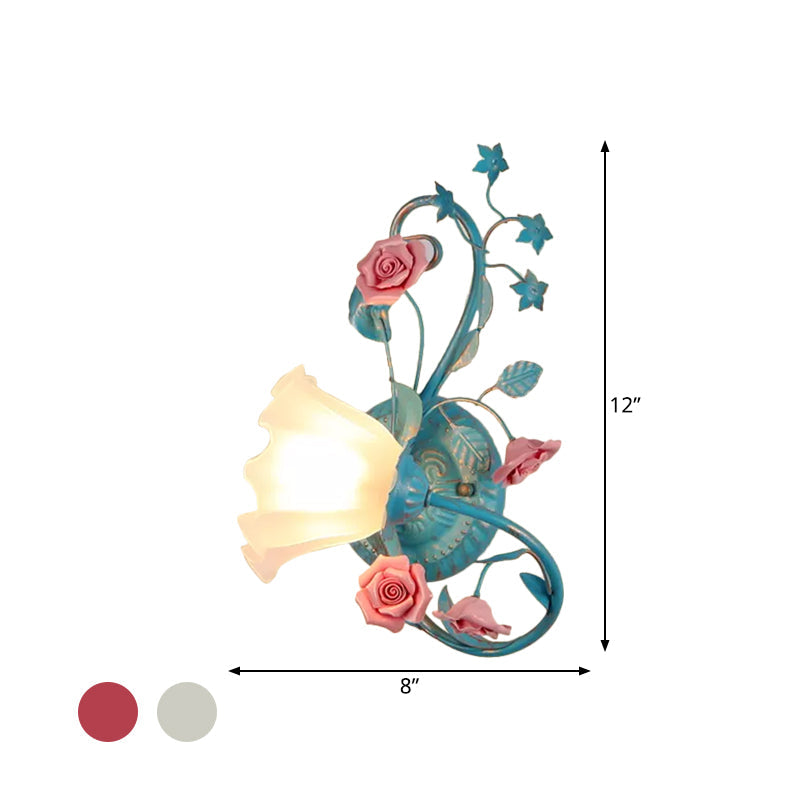 Skørter | One-Sided Opal Matte Glass Wall Lamp Pastoral Blue-Pink/Blue-White Scroll Flower Corner Wall Lamp, Left/Right