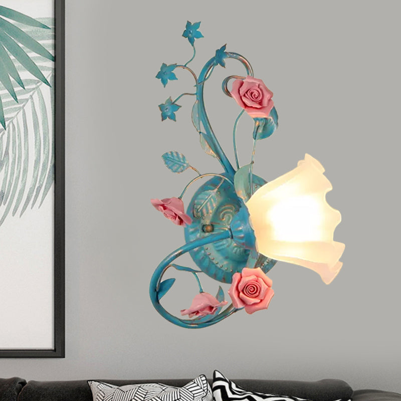 Skørter | One-Sided Opal Matte Glass Wall Lamp Pastoral Blue-Pink/Blue-White Scroll Flower Corner Wall Lamp, Left/Right