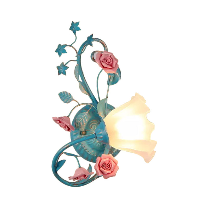 Skørter | One-Sided Opal Matte Glass Wall Lamp Pastoral Blue-Pink/Blue-White Scroll Flower Corner Wall Lamp, Left/Right
