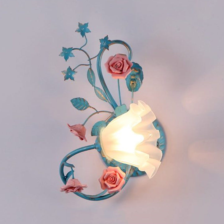 Skørter | One-Sided Opal Matte Glass Wall Lamp Pastoral Blue-Pink/Blue-White Scroll Flower Corner Wall Lamp, Left/Right