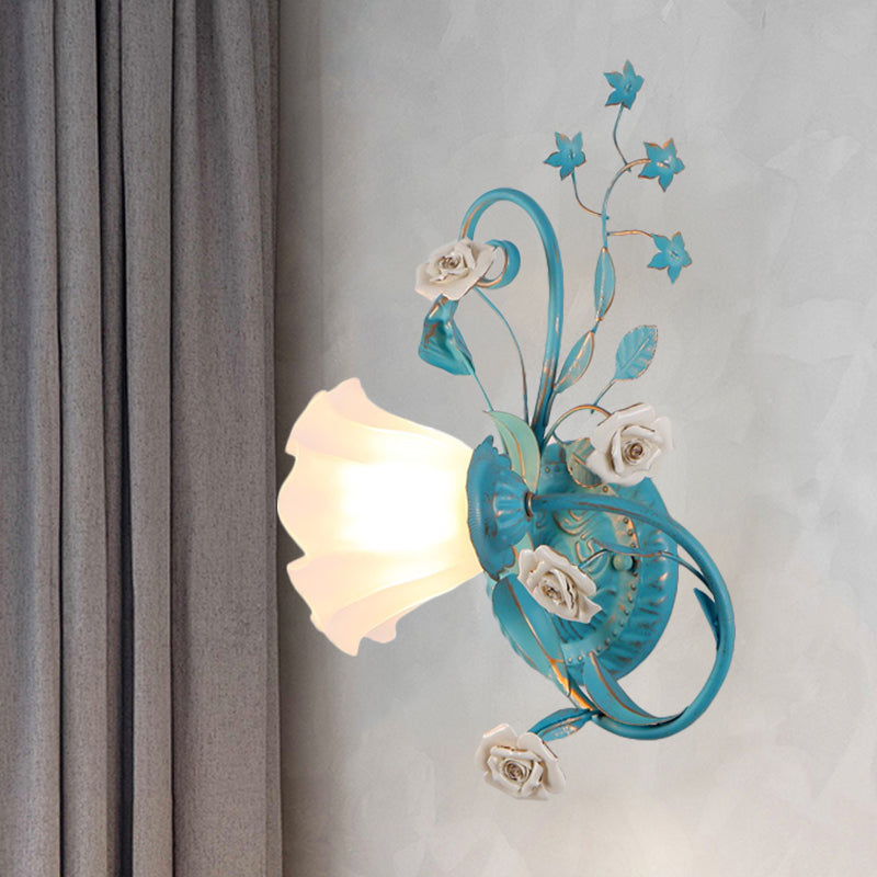 Skørter | One-Sided Opal Matte Glass Wall Lamp Pastoral Blue-Pink/Blue-White Scroll Flower Corner Wall Lamp, Left/Right