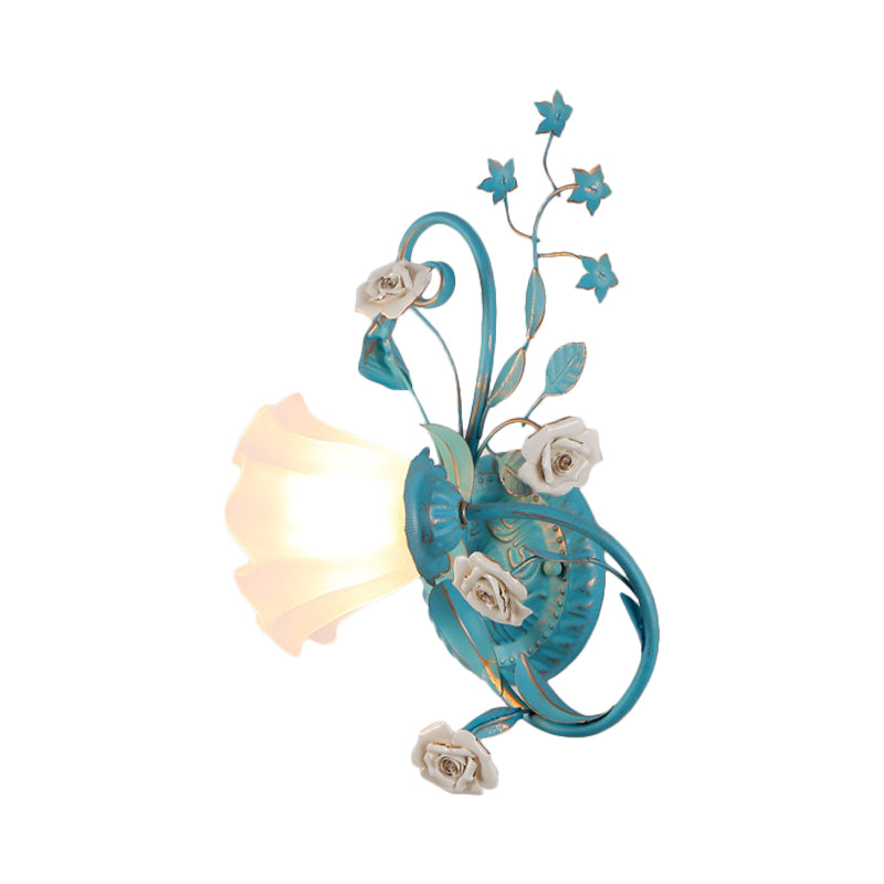 Skørter | One-Sided Opal Matte Glass Wall Lamp Pastoral Blue-Pink/Blue-White Scroll Flower Corner Wall Lamp, Left/Right