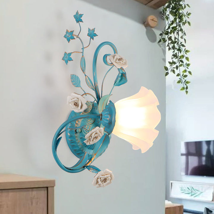 Skørter | One-Sided Opal Matte Glass Wall Lamp Pastoral Blue-Pink/Blue-White Scroll Flower Corner Wall Lamp, Left/Right