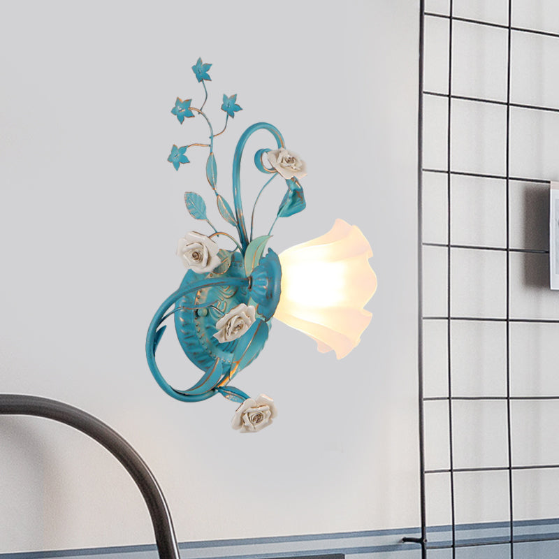 Skørter | One-Sided Opal Matte Glass Wall Lamp Pastoral Blue-Pink/Blue-White Scroll Flower Corner Wall Lamp, Left/Right