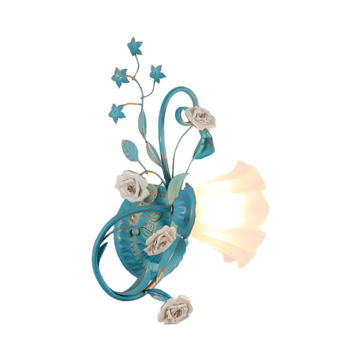 Skørter | One-Sided Opal Matte Glass Wall Lamp Pastoral Blue-Pink/Blue-White Scroll Flower Corner Wall Lamp, Left/Right