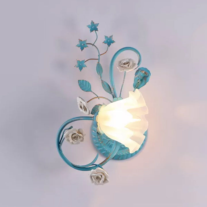 Skørter | One-Sided Opal Matte Glass Wall Lamp Pastoral Blue-Pink/Blue-White Scroll Flower Corner Wall Lamp, Left/Right
