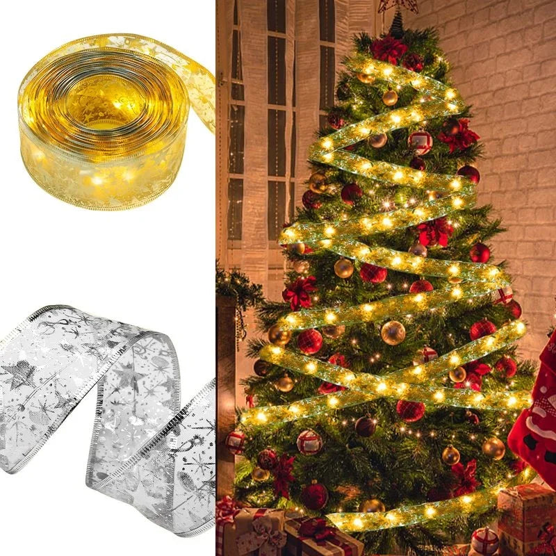 Lisslune | Christmas ribbon fairy lights Christmas decoration DIY bows lights tree ornament for home 2023 Christmas ornament New Year Navidad
