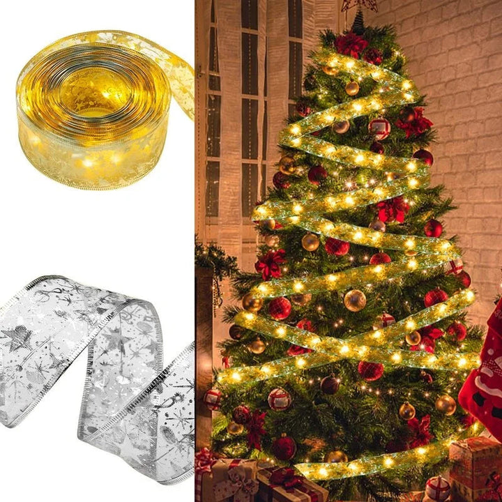Lisslune | Christmas ribbon fairy lights Christmas decoration DIY bows lights tree ornament for home 2023 Christmas ornament New Year Navidad