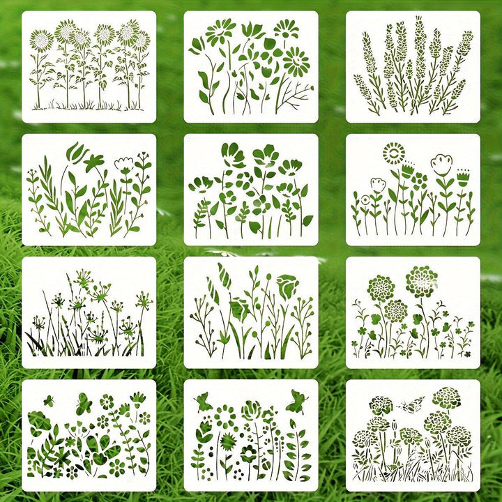 Lisslune | 12-piece reusable flower stencil set with cherry blossom and ivy patterns