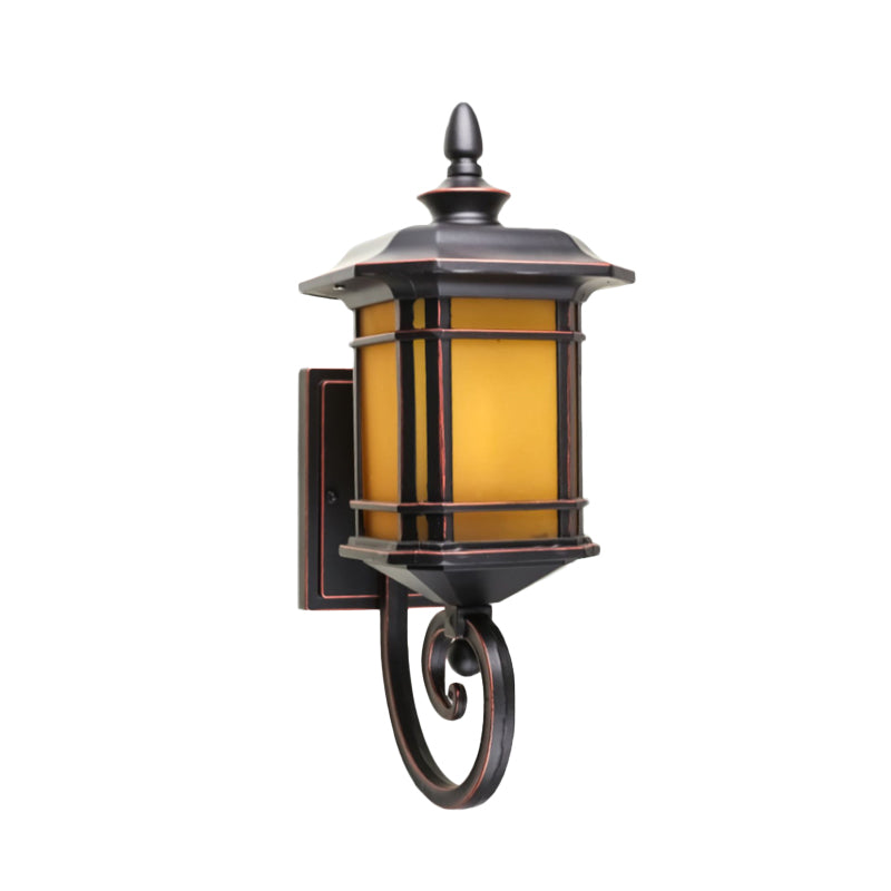Skørter | Rustic Lantern Wall Light 1 Head Yellow Glass Wall Light in Coffee with Curved Arm