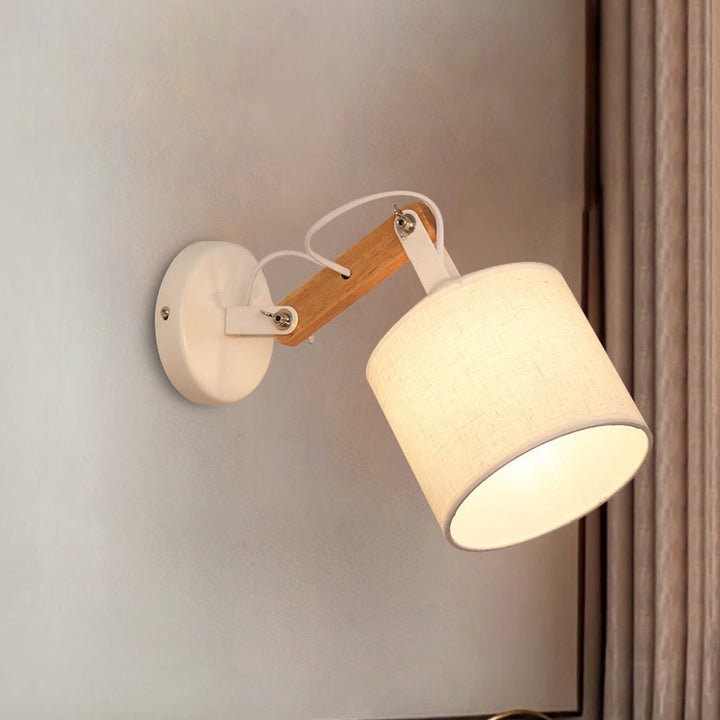 Lisslune | Fabric Cylinder Wall Mount Lighting Modernist 1 Bulb White Wall Lamp with Adjustable Wooden Arm