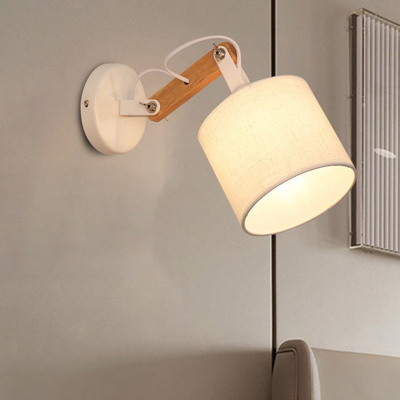 Lisslune | Fabric Cylinder Wall Mount Lighting Modernist 1 Bulb White Wall Lamp with Adjustable Wooden Arm