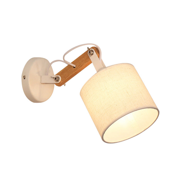 Lisslune | Fabric Cylinder Wall Mount Lighting Modernist 1 Bulb White Wall Lamp with Adjustable Wooden Arm